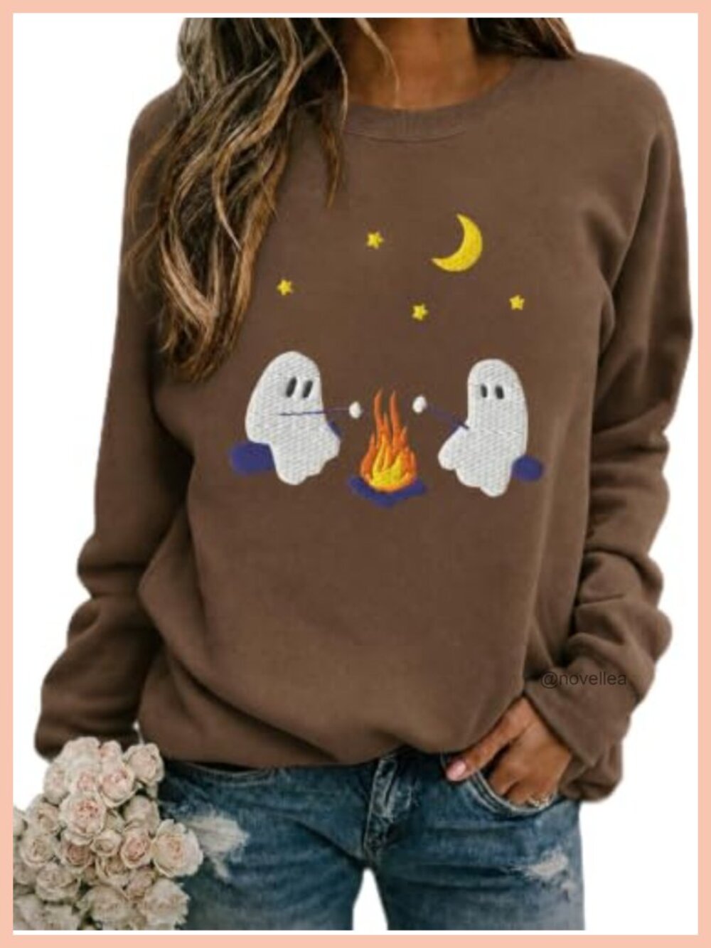 Ghost Embroidered Sweatshirt Womens Halloween Pullover Crewneck